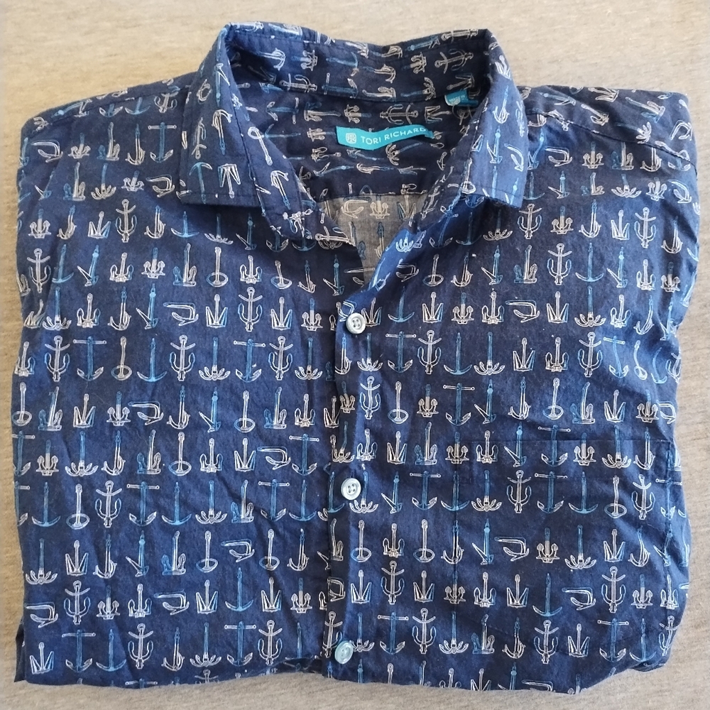 Tori Richard Men's Navy Hawaiian Anchors Print Button Down Shirt - Size M